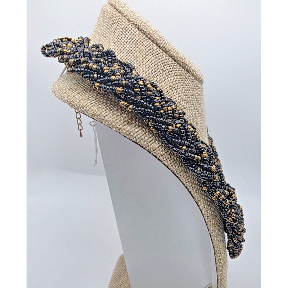 Black & Gold Necklace Seed Bead Braided Chocker Necklace 18-20.75" Adjustable - Picture 5 of 8